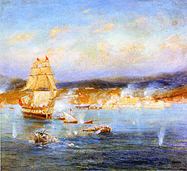 Бой брига Богоявленск во время осады турецкой эскадрой острова Тенедос 1807 год. Худ. И.П. Богос